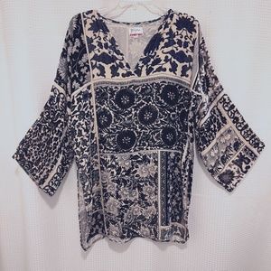 JOHNNY WAS BIYA TUNIC NAVY BLUE/IVORY VELVET PRINT SIZE S